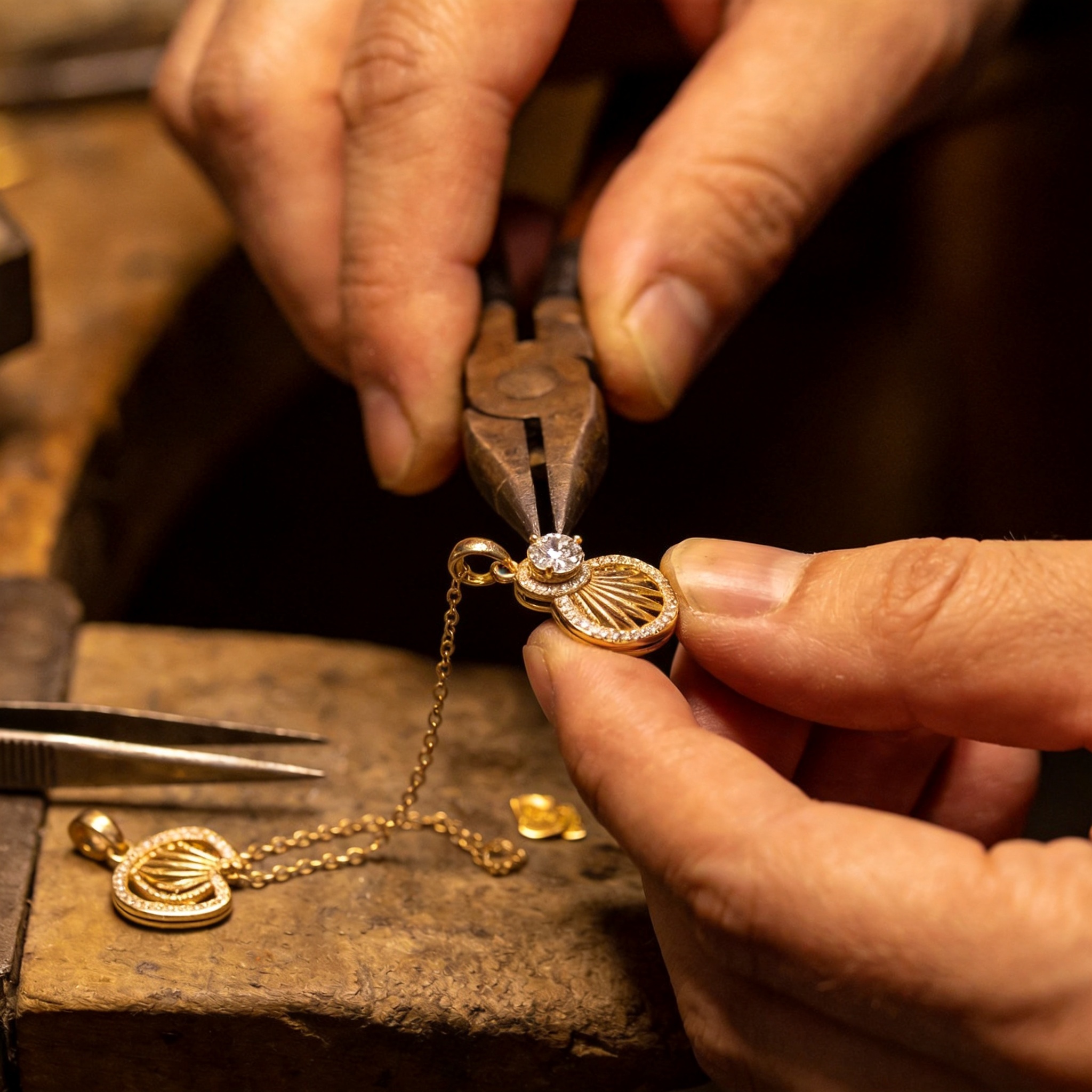 A master jeweler setting a diamond into a gold pendant by hand in the AURELLE atelier