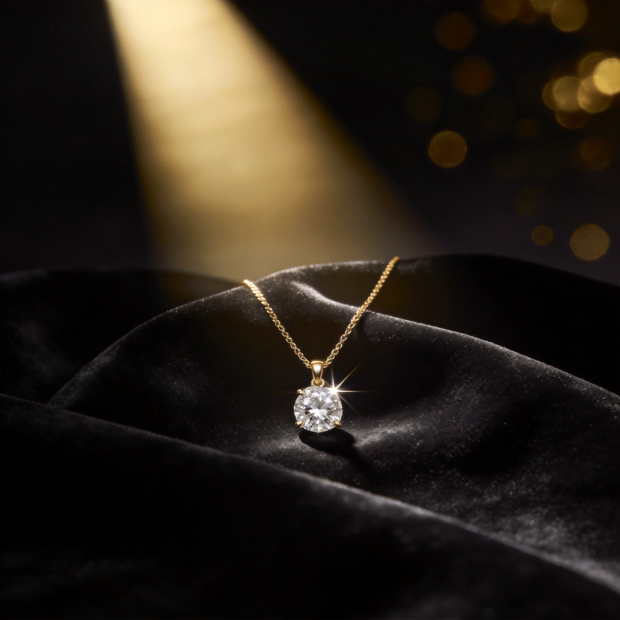 A brilliant-cut diamond pendant necklace resting on black silk velvet under a warm spotlight