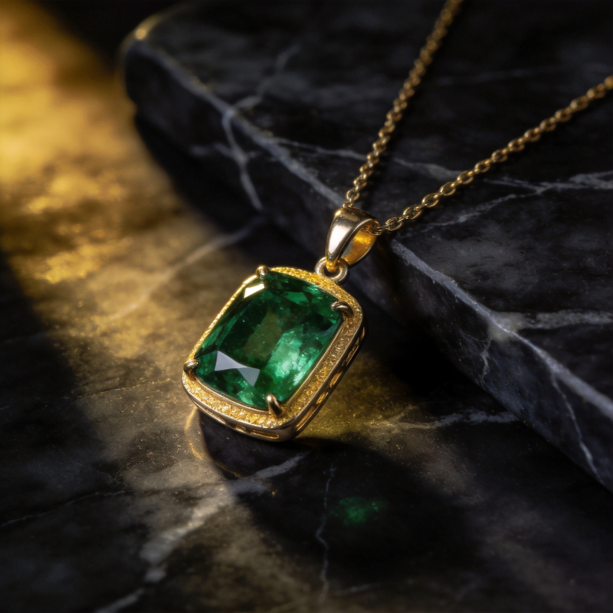 The Émeraude green emerald pendant necklace in yellow gold on charcoal marble
